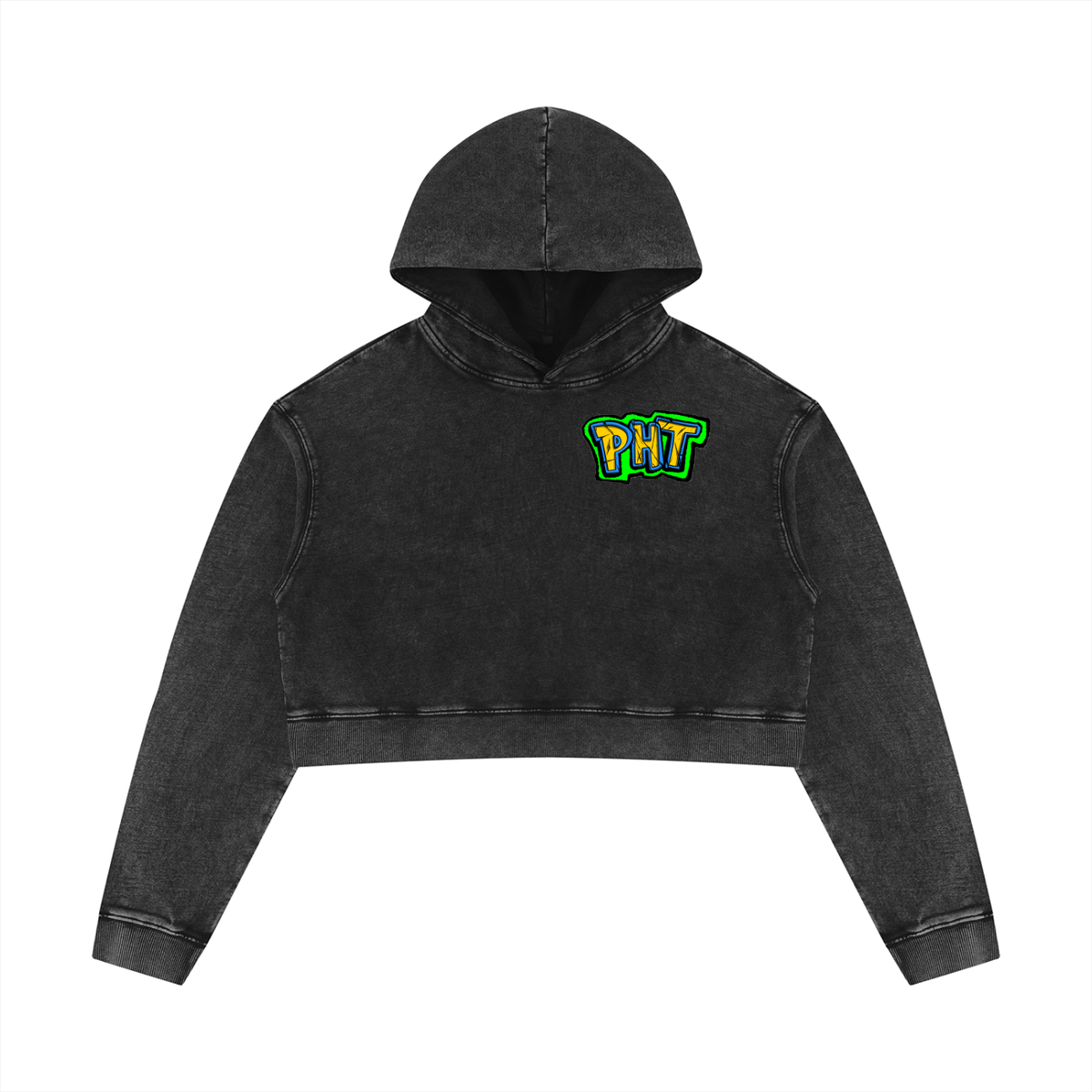 PHT Women’s Mineral Washed Crop Hoodie B&W Logo
