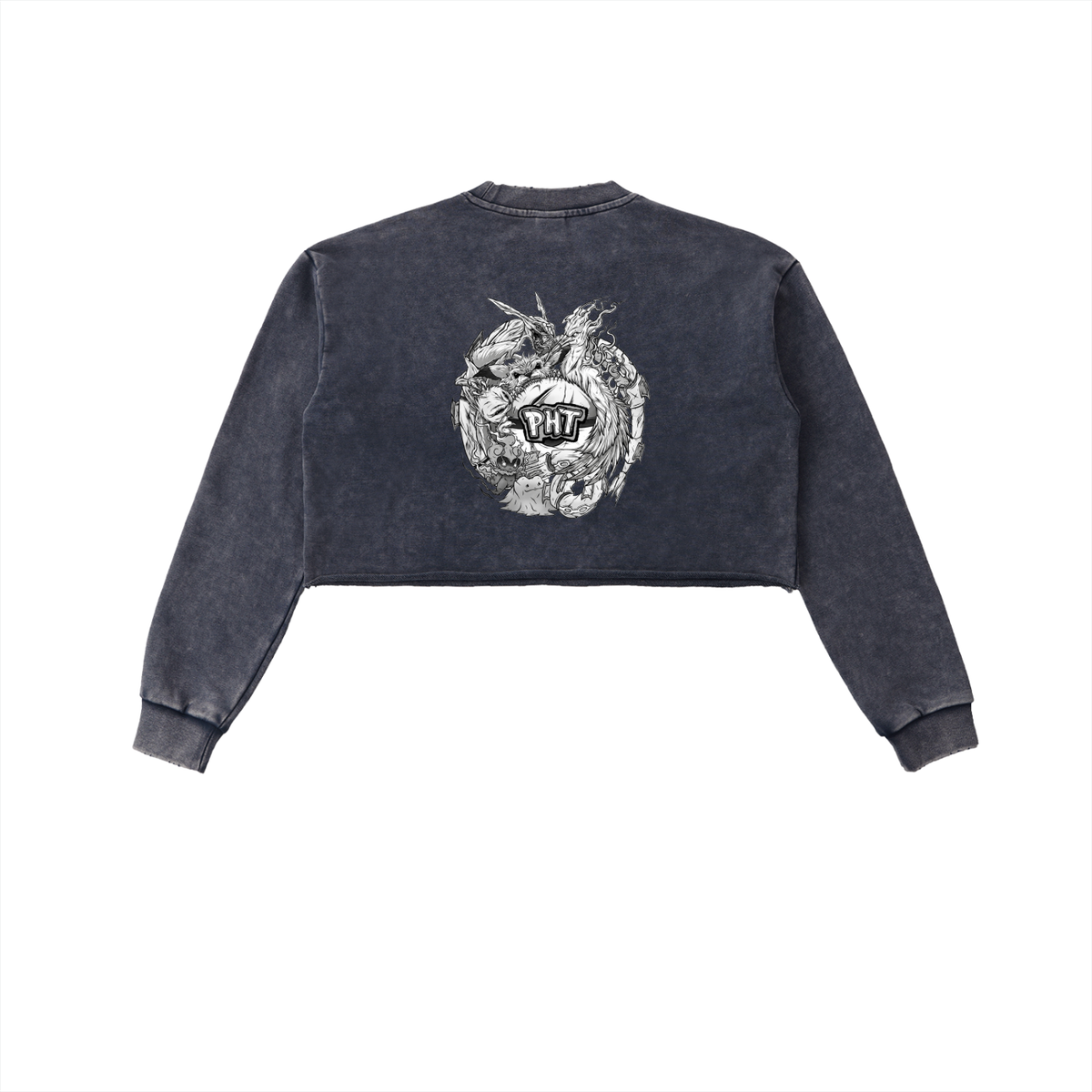 PHT Snow Washed Raw Edge Cropped Sweatshirt B&W Logo