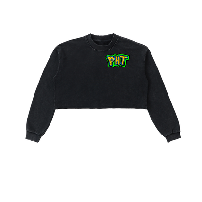PHT Snow Washed Raw Edge Cropped Sweatshirt B&W Logo