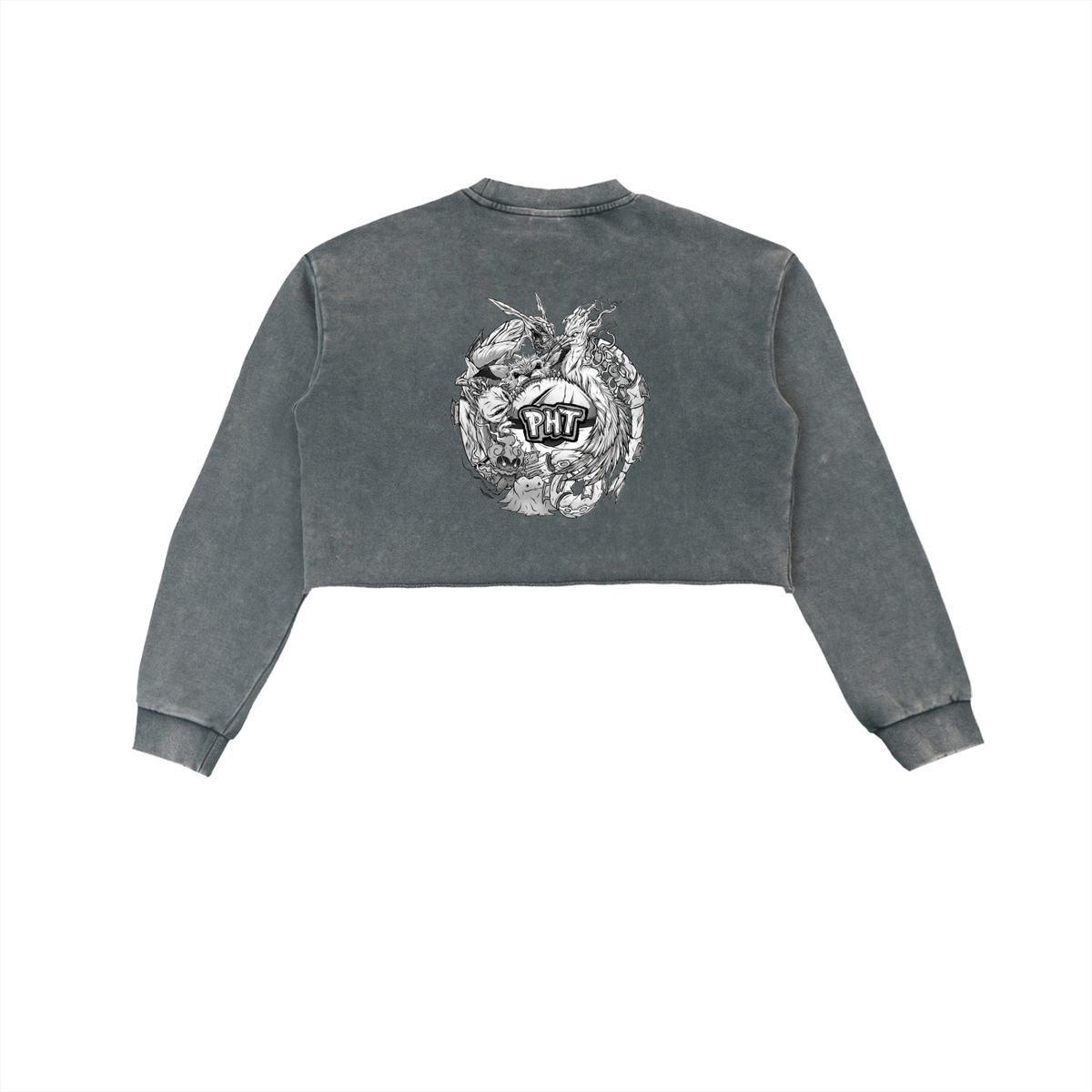 PHT Snow Washed Raw Edge Cropped Sweatshirt B&W Logo