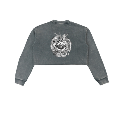 PHT Snow Washed Raw Edge Cropped Sweatshirt B&W Logo