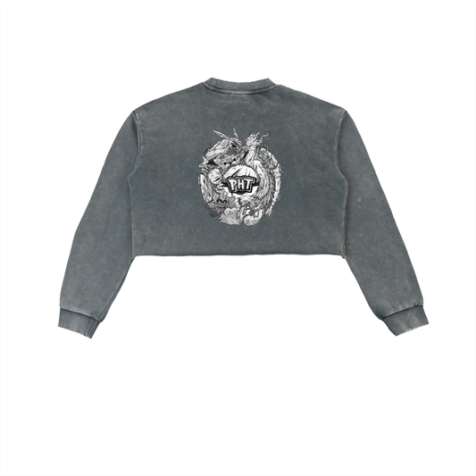 PHT Snow Washed Raw Edge Cropped Sweatshirt B&W Logo