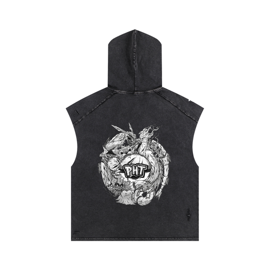 PHT  Snow Washed Boxy Hooded Tank Top B&W Logo
