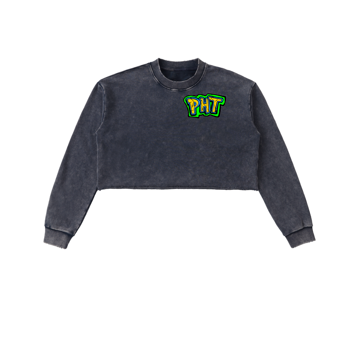 PHT Snow Washed Raw Edge Cropped Sweatshirt B&W Logo