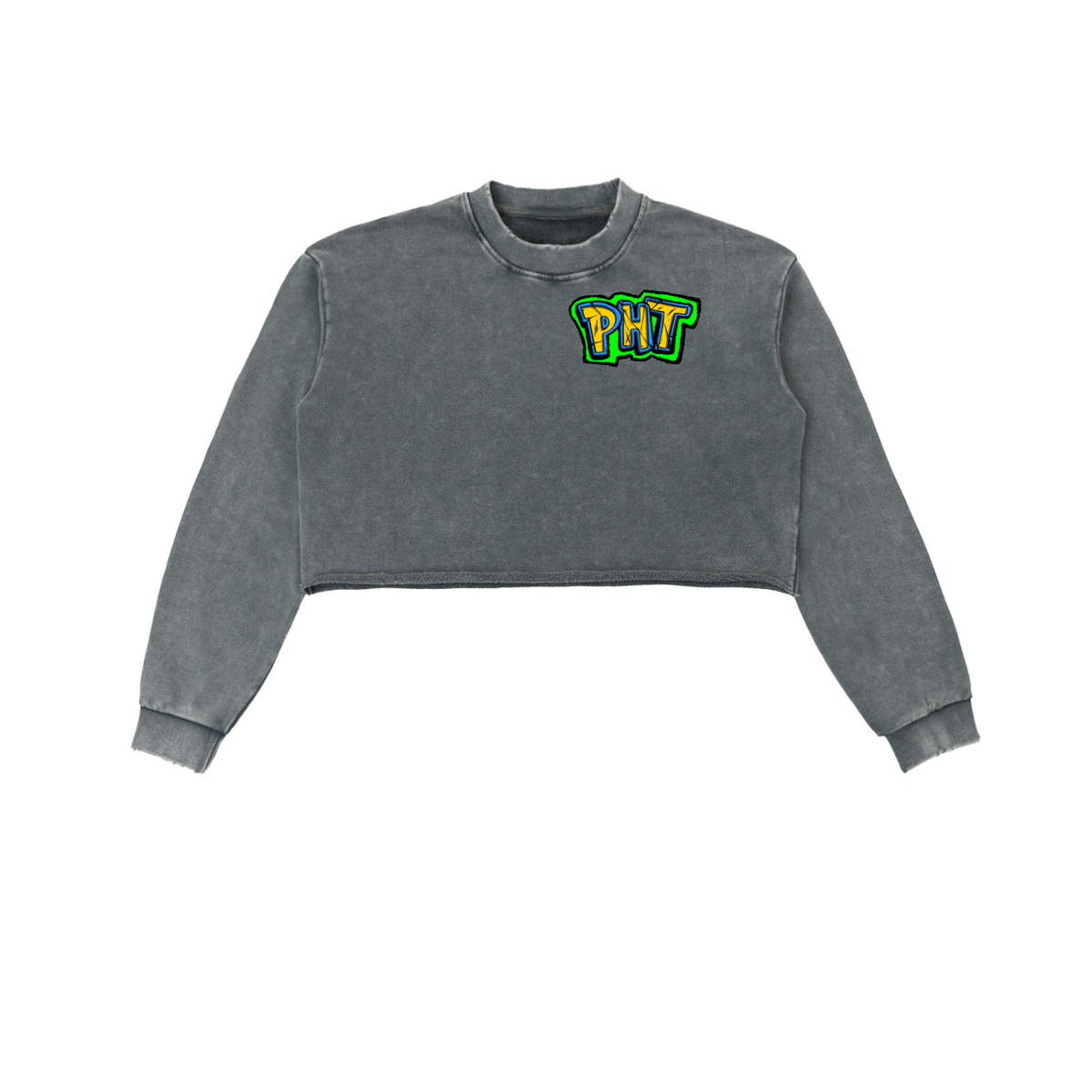 PHT Snow Washed Raw Edge Cropped Sweatshirt B&W Logo