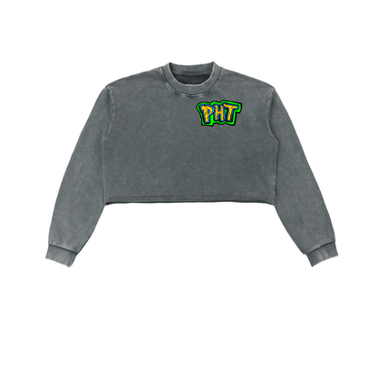 PHT Snow Washed Raw Edge Cropped Sweatshirt B&W Logo