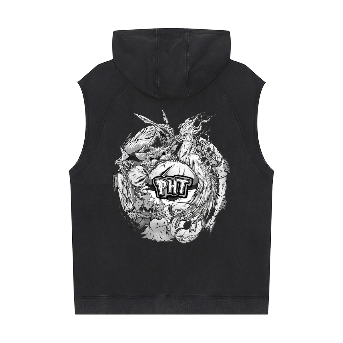 PHT Snow Washed Sleeveless Hoodie B&W Logo