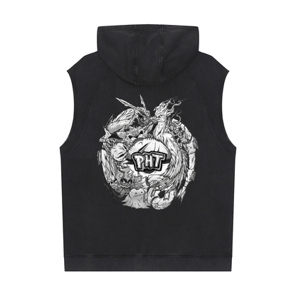 PHT Snow Washed Sleeveless Hoodie B&W Logo