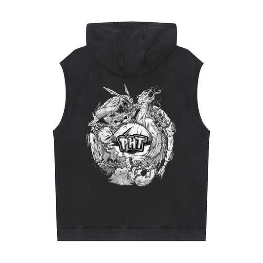 PHT Snow Washed Sleeveless Hoodie B&W Logo