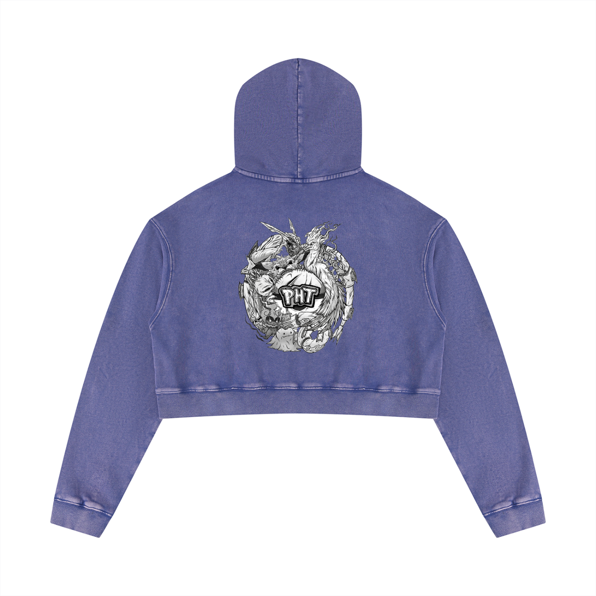 PHT Women’s Mineral Washed Crop Hoodie B&W Logo