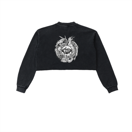 PHT Snow Washed Raw Edge Cropped Sweatshirt B&W Logo