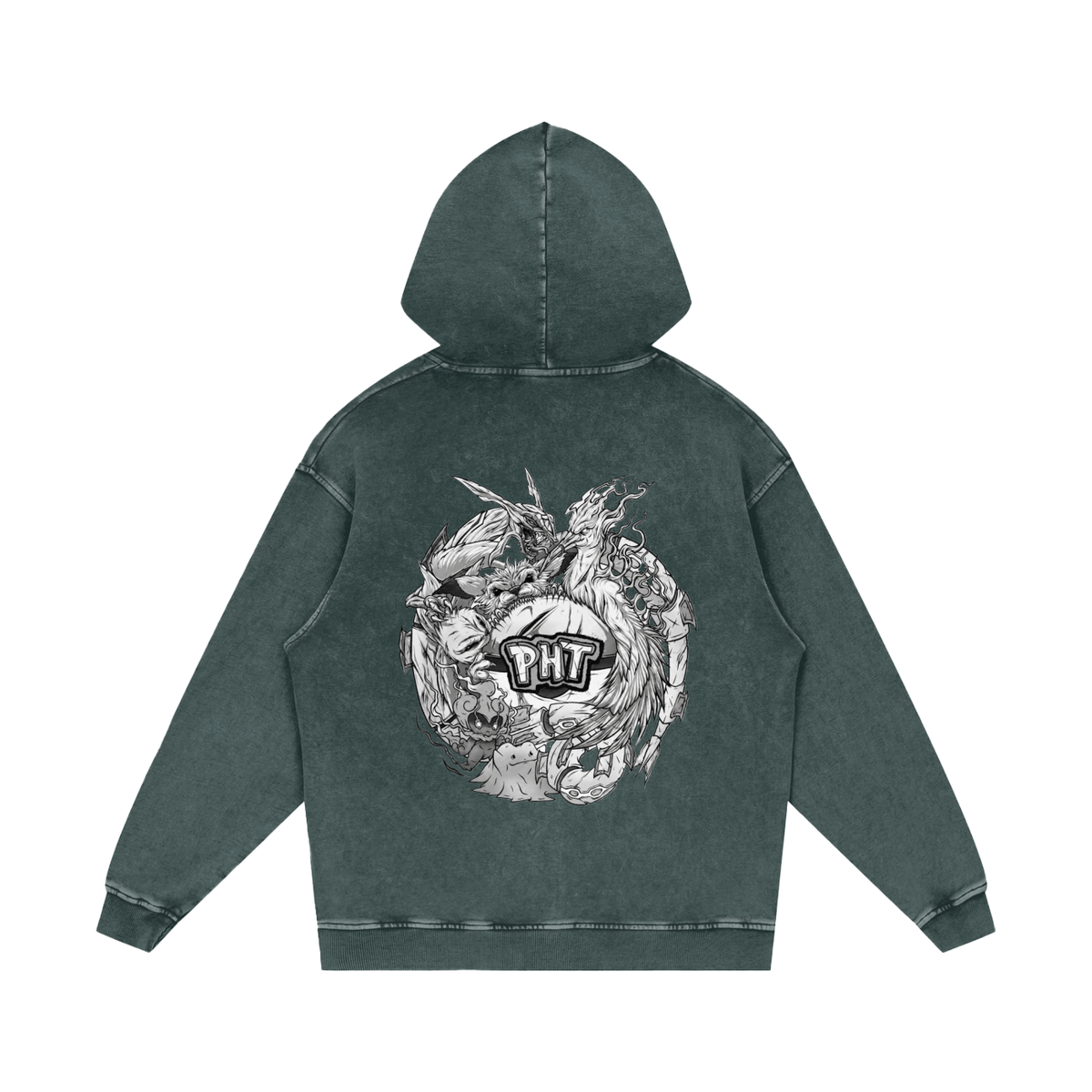 PHT Snow Washed Loose Cotton Hoodie B&W Logo