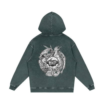 PHT Snow Washed Loose Cotton Hoodie B&W Logo