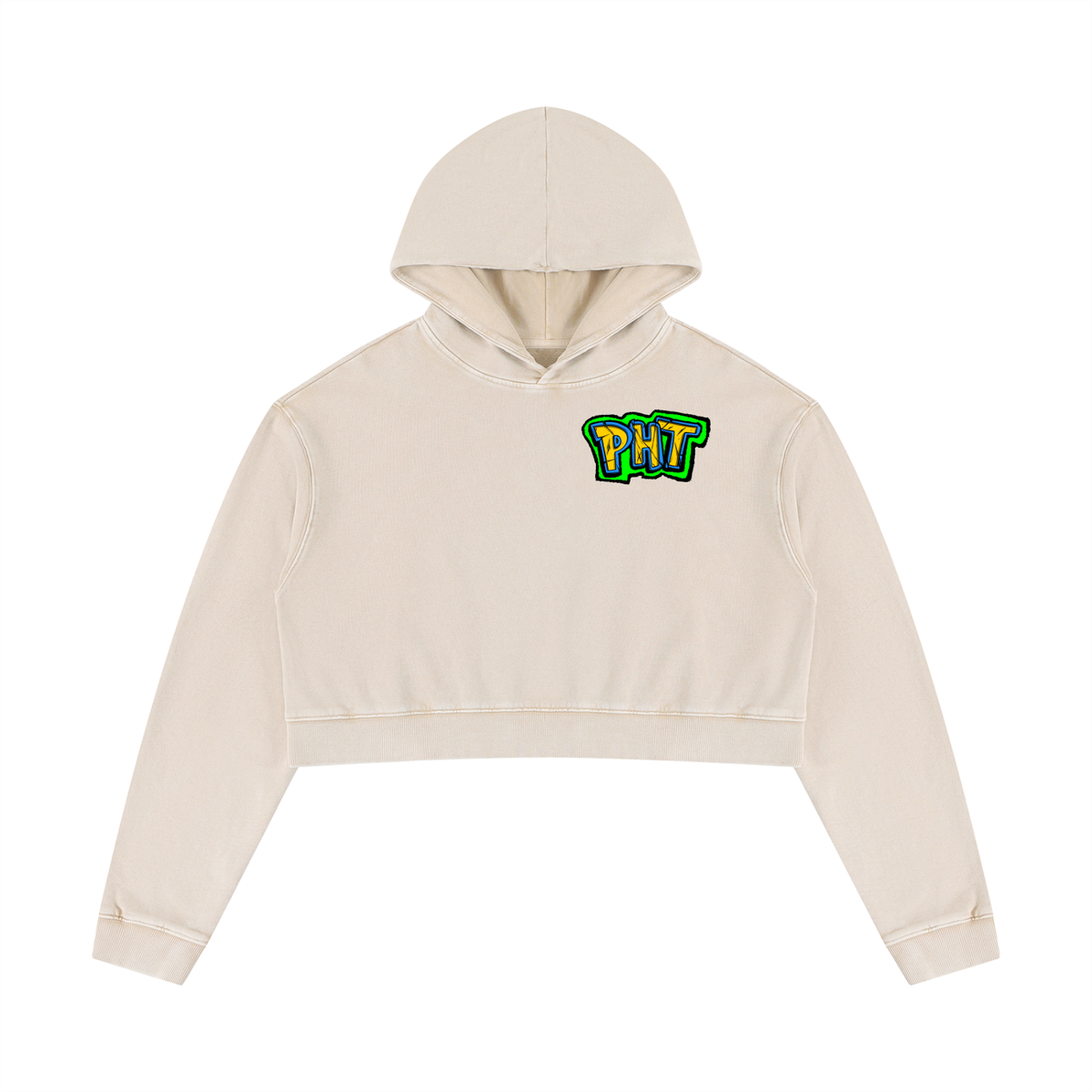 PHT Women’s Mineral Washed Crop Hoodie B&W Logo