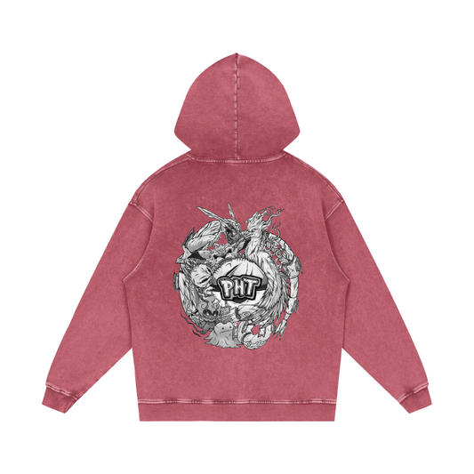 PHT Snow Washed Loose Cotton Hoodie B&W Logo