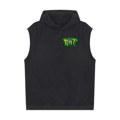 PHT Snow Washed Sleeveless Hoodie B&W Logo