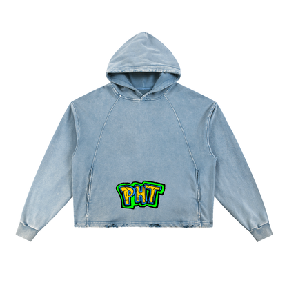 PHT Vintage Washed Frayed-Hem Hoodie B&W Logo