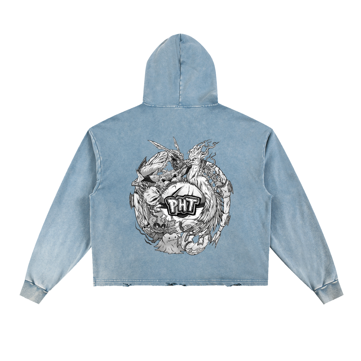 PHT Vintage Washed Frayed-Hem Hoodie B&W Logo