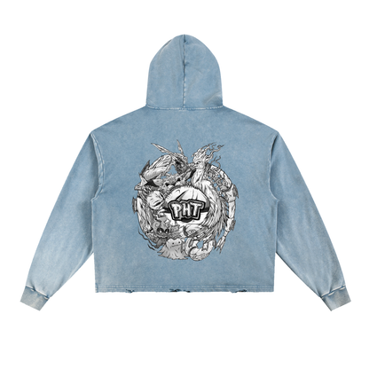 PHT Vintage Washed Frayed-Hem Hoodie B&W Logo