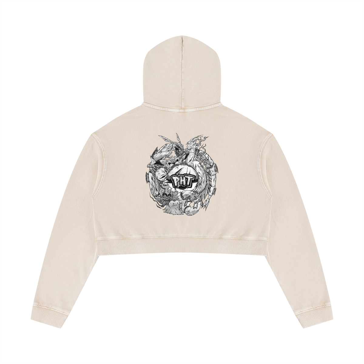 PHT Women’s Mineral Washed Crop Hoodie B&W Logo