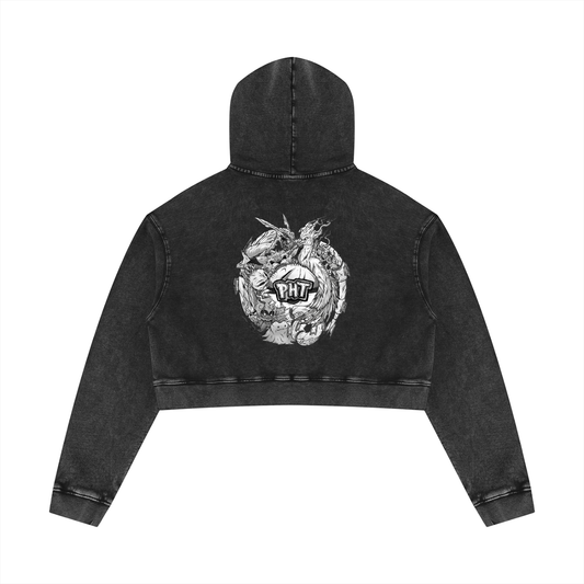 PHT Women’s Mineral Washed Crop Hoodie B&W Logo