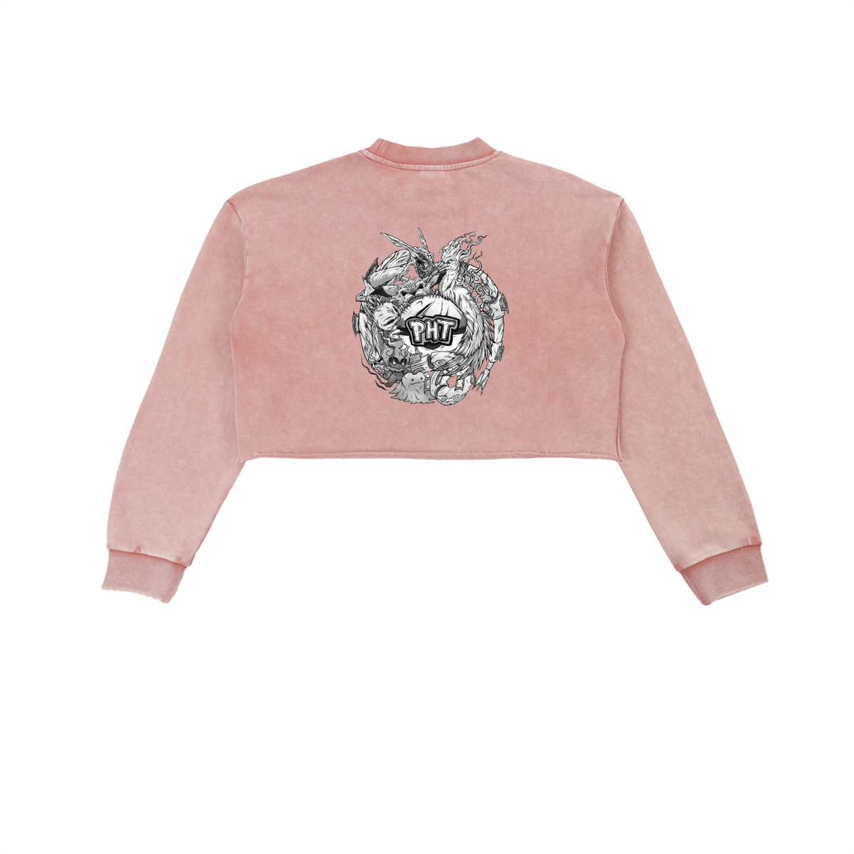 PHT Snow Washed Raw Edge Cropped Sweatshirt B&W Logo
