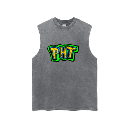 PHT  Snow Washed Frayed Hem Tank Top B&W Logo