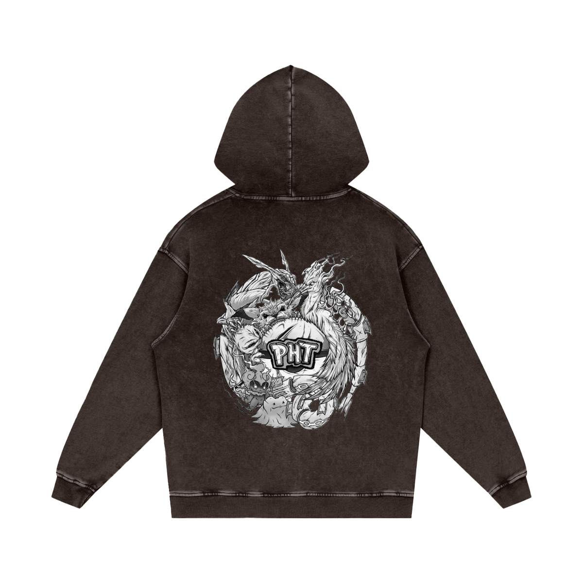 PHT Snow Washed Loose Cotton Hoodie B&W Logo