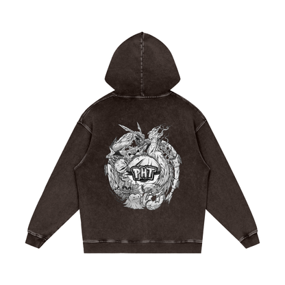 PHT Snow Washed Loose Cotton Hoodie B&W Logo
