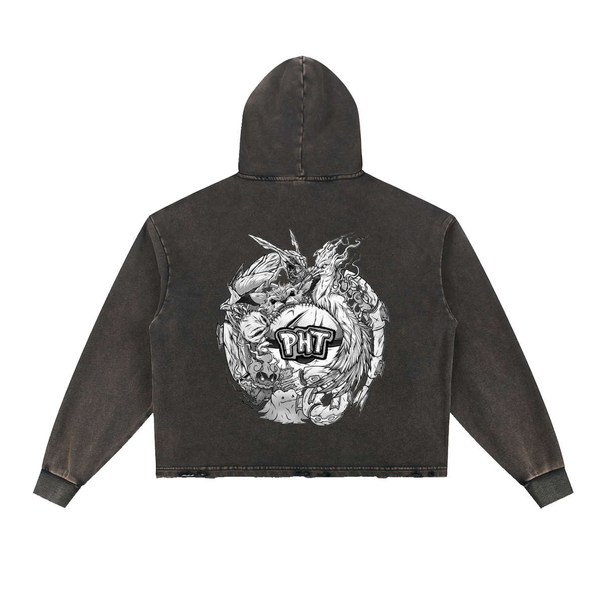 PHT Vintage Washed Frayed-Hem Hoodie B&W Logo