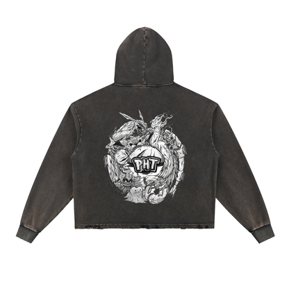 PHT Vintage Washed Frayed-Hem Hoodie B&W Logo