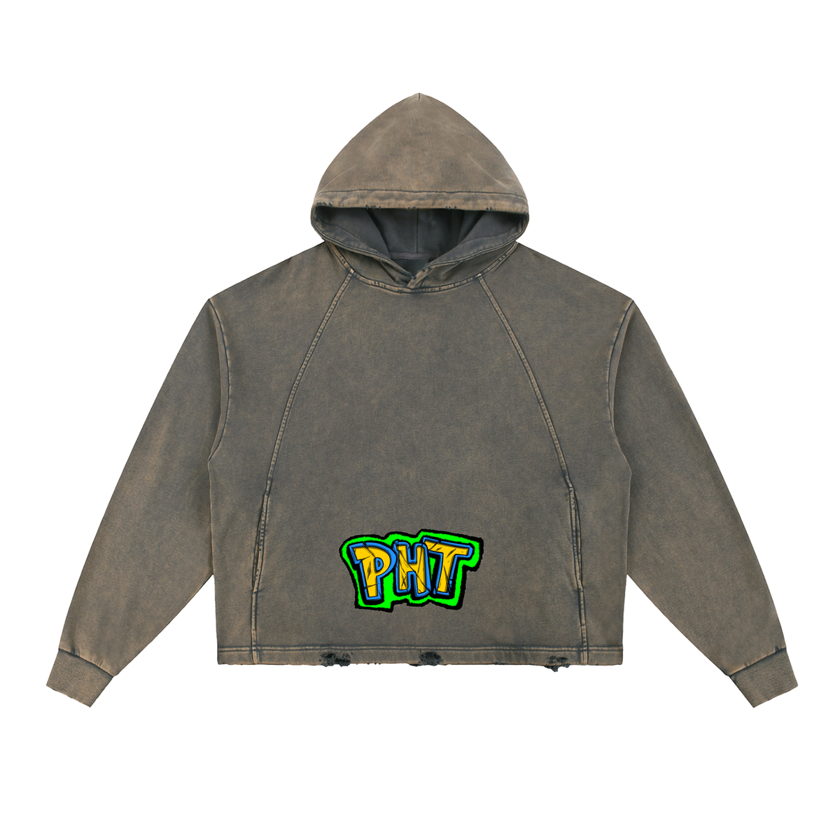 PHT Vintage Washed Frayed-Hem Hoodie B&W Logo