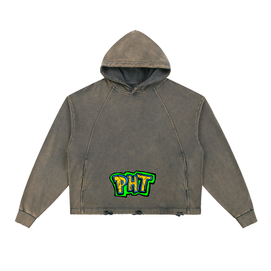 PHT Vintage Washed Frayed-Hem Hoodie B&W Logo