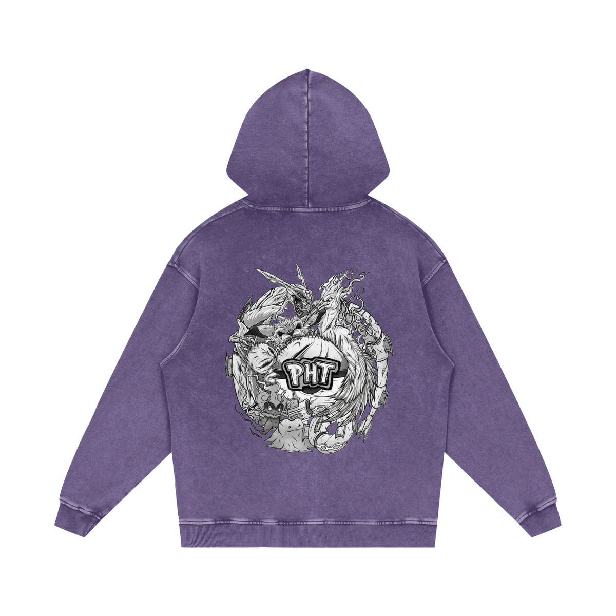 PHT Snow Washed Loose Cotton Hoodie B&W Logo