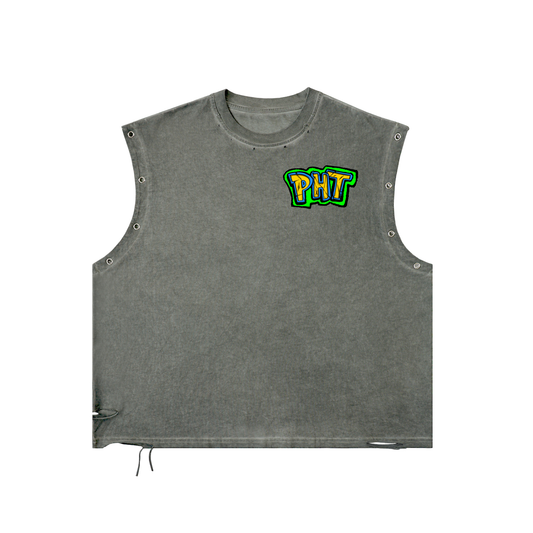 PHT Distressed Grommet Eyelet Tank Top B&W Logo