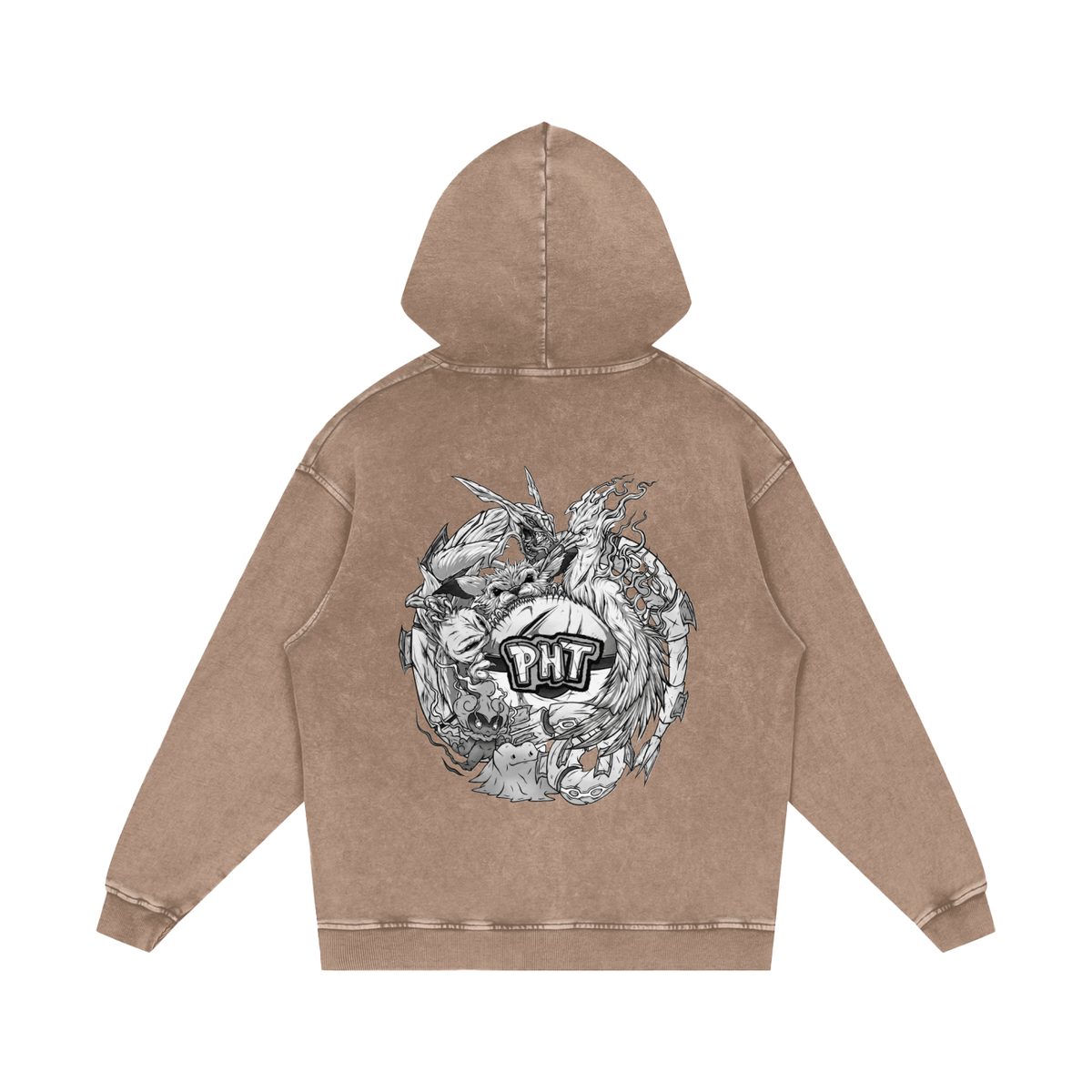 PHT Snow Washed Loose Cotton Hoodie B&W Logo