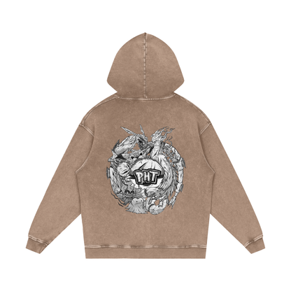 PHT Snow Washed Loose Cotton Hoodie B&W Logo