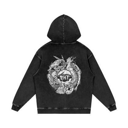 PHT Snow Washed Loose Cotton Hoodie B&W Logo