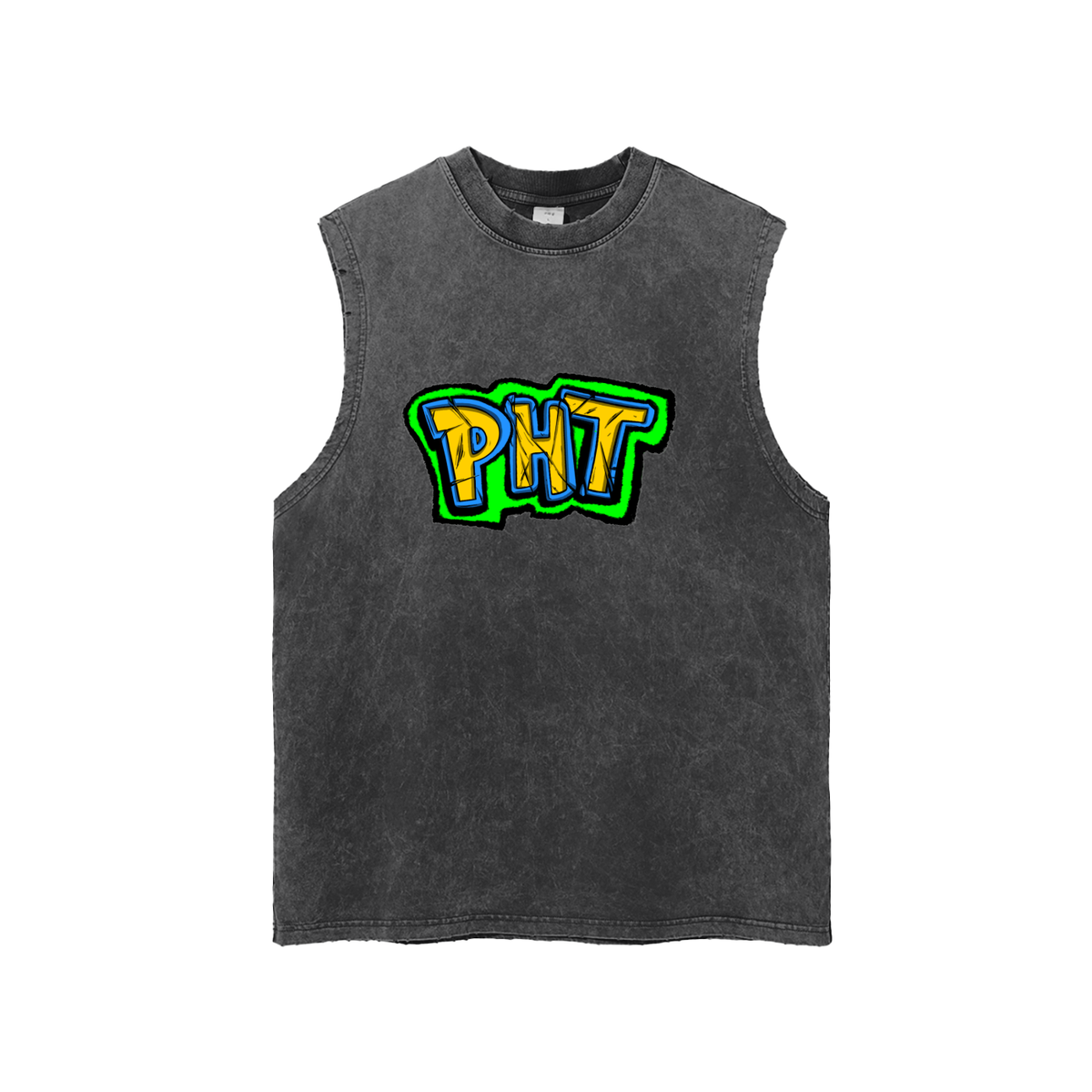 PHT  Snow Washed Frayed Hem Tank Top B&W Logo