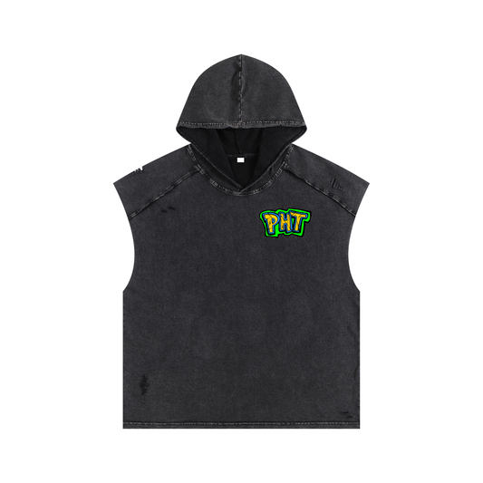 PHT  Snow Washed Boxy Hooded Tank Top B&W Logo