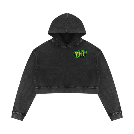 PHT Women’s Mineral Washed Crop Hoodie B&W Logo