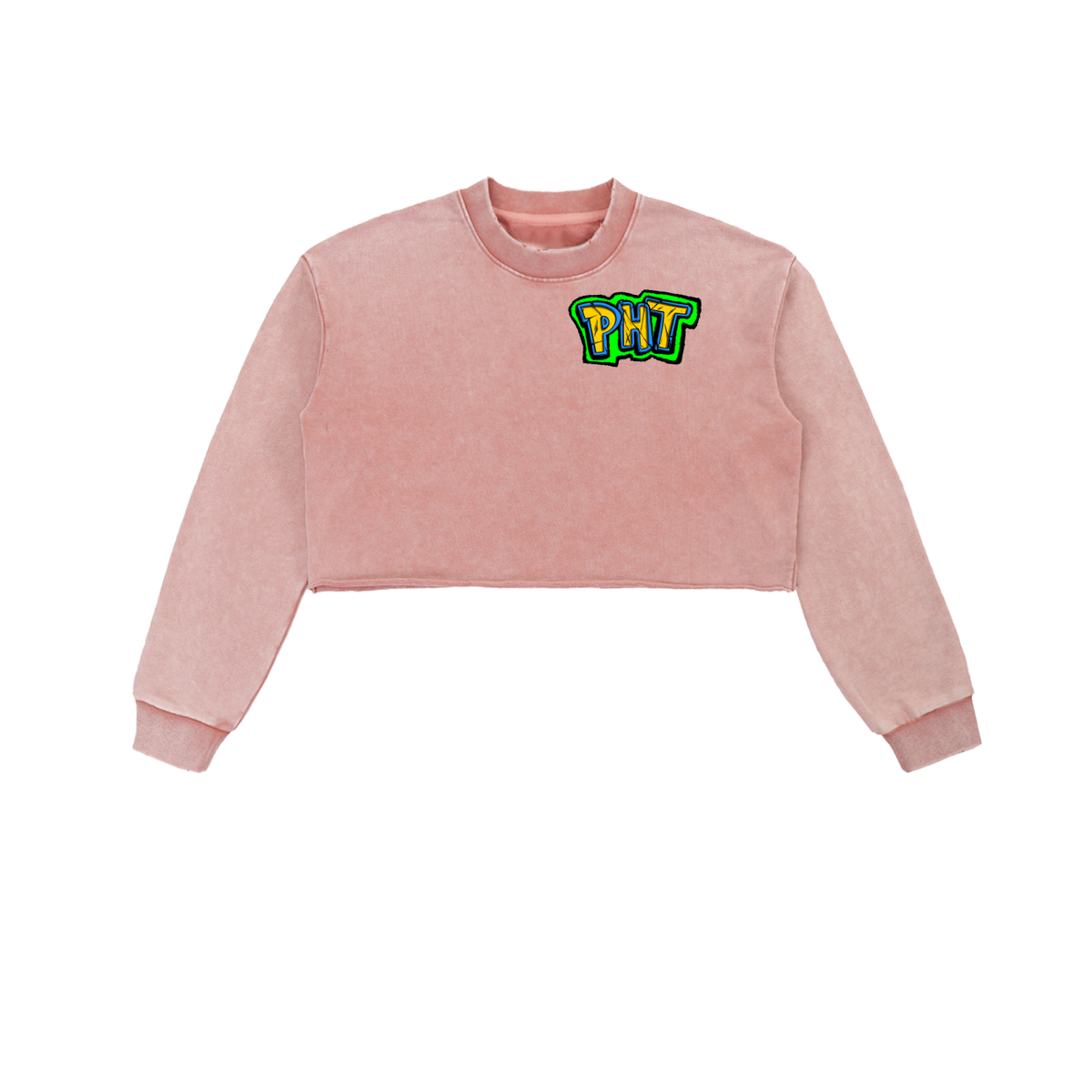 PHT Snow Washed Raw Edge Cropped Sweatshirt B&W Logo