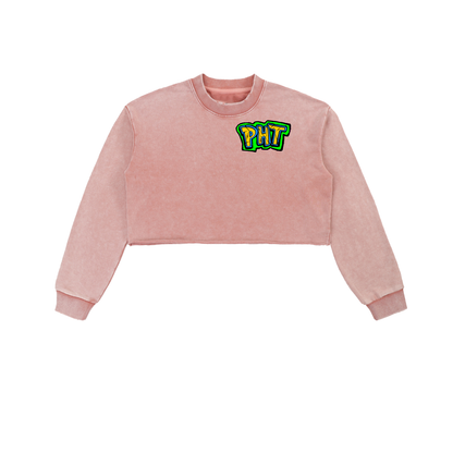 PHT Snow Washed Raw Edge Cropped Sweatshirt B&W Logo