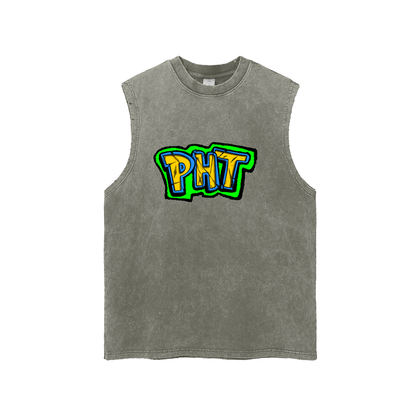 PHT  Snow Washed Frayed Hem Tank Top B&W Logo