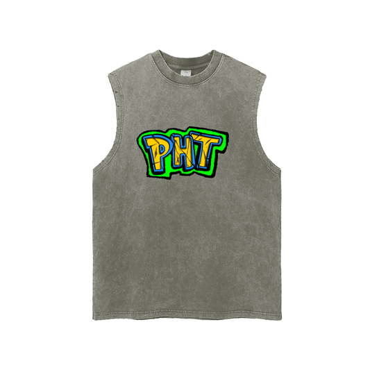 PHT  Snow Washed Frayed Hem Tank Top B&W Logo