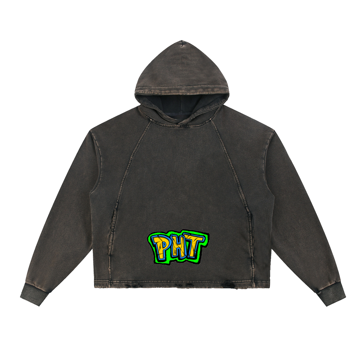 PHT Vintage Washed Frayed-Hem Hoodie B&W Logo