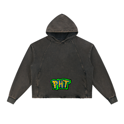 PHT Vintage Washed Frayed-Hem Hoodie B&W Logo
