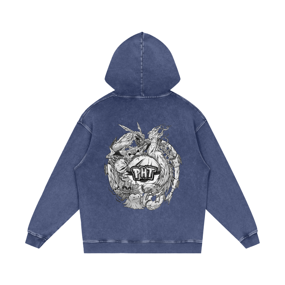 PHT Snow Washed Loose Cotton Hoodie B&W Logo
