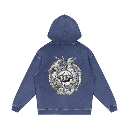 PHT Snow Washed Loose Cotton Hoodie B&W Logo