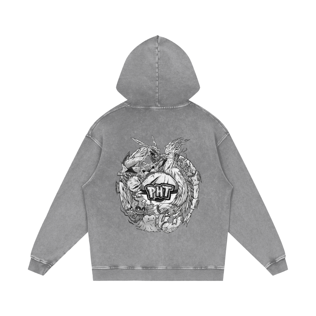 PHT Snow Washed Loose Cotton Hoodie B&W Logo